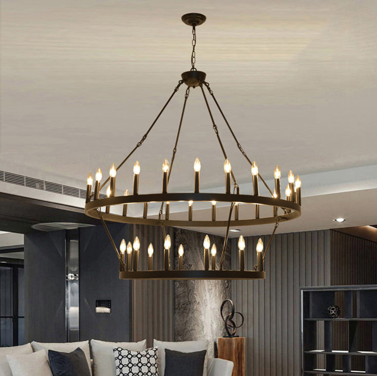 Rustic Black Iron Circle Chandelier with Glass for Dining Room Decor