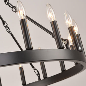 Rustic Black Iron Circle Chandelier with Glass for Dining Room Decor