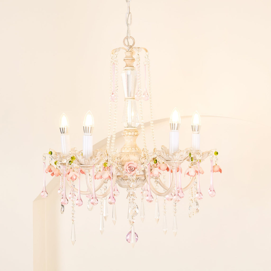 Elegant French Rose Crystal 5-Light Candelabra Chandelier for Living Room