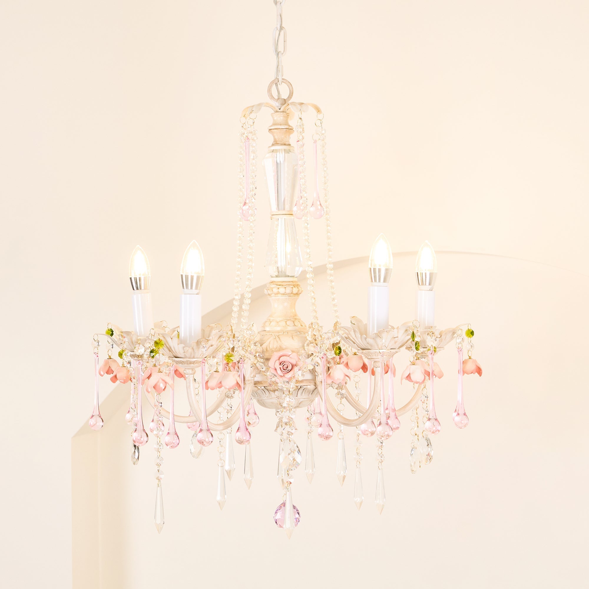 Elegant French Rose Crystal 5-Light Candelabra Chandelier for Living Room