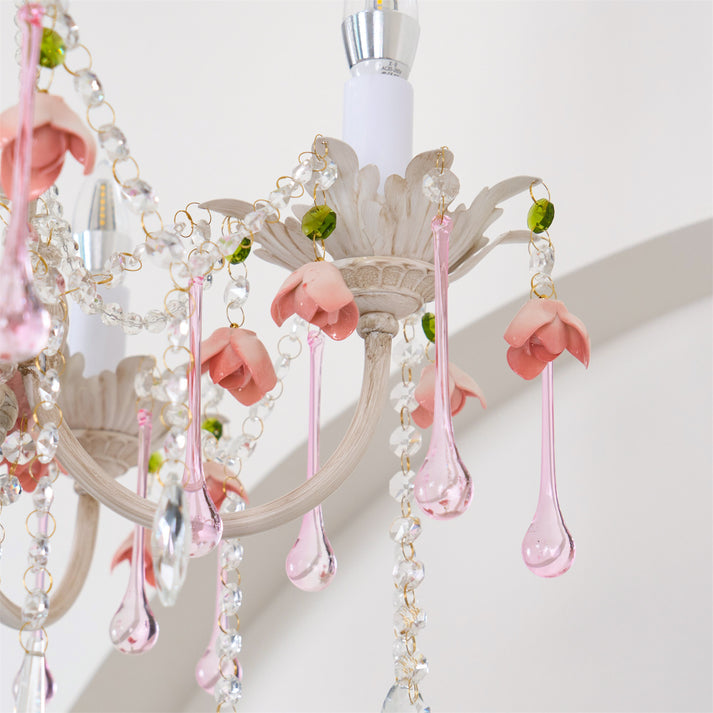 Elegant French Rose Crystal 5-Light Candelabra Chandelier for Living Room