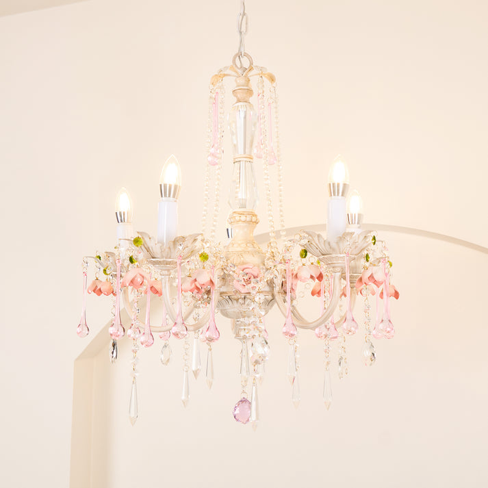 Elegant French Rose Crystal 5-Light Candelabra Chandelier for Living Room