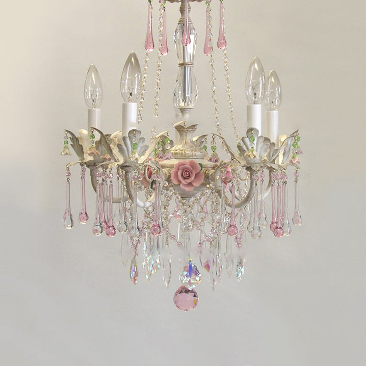 Elegant French Rose Crystal 5-Light Candelabra Chandelier for Living Room
