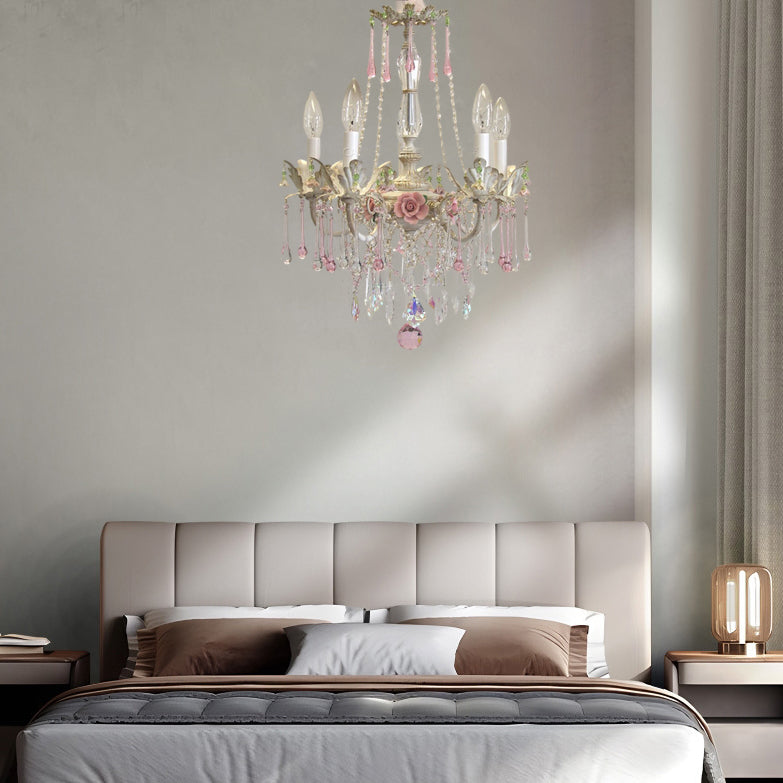 Elegant French Rose Crystal 5-Light Candelabra Chandelier for Living Room