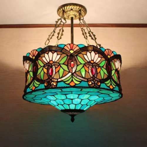 Tiffany-Style Multicolor Stained Glass 3-Light Chandelier for Living Room