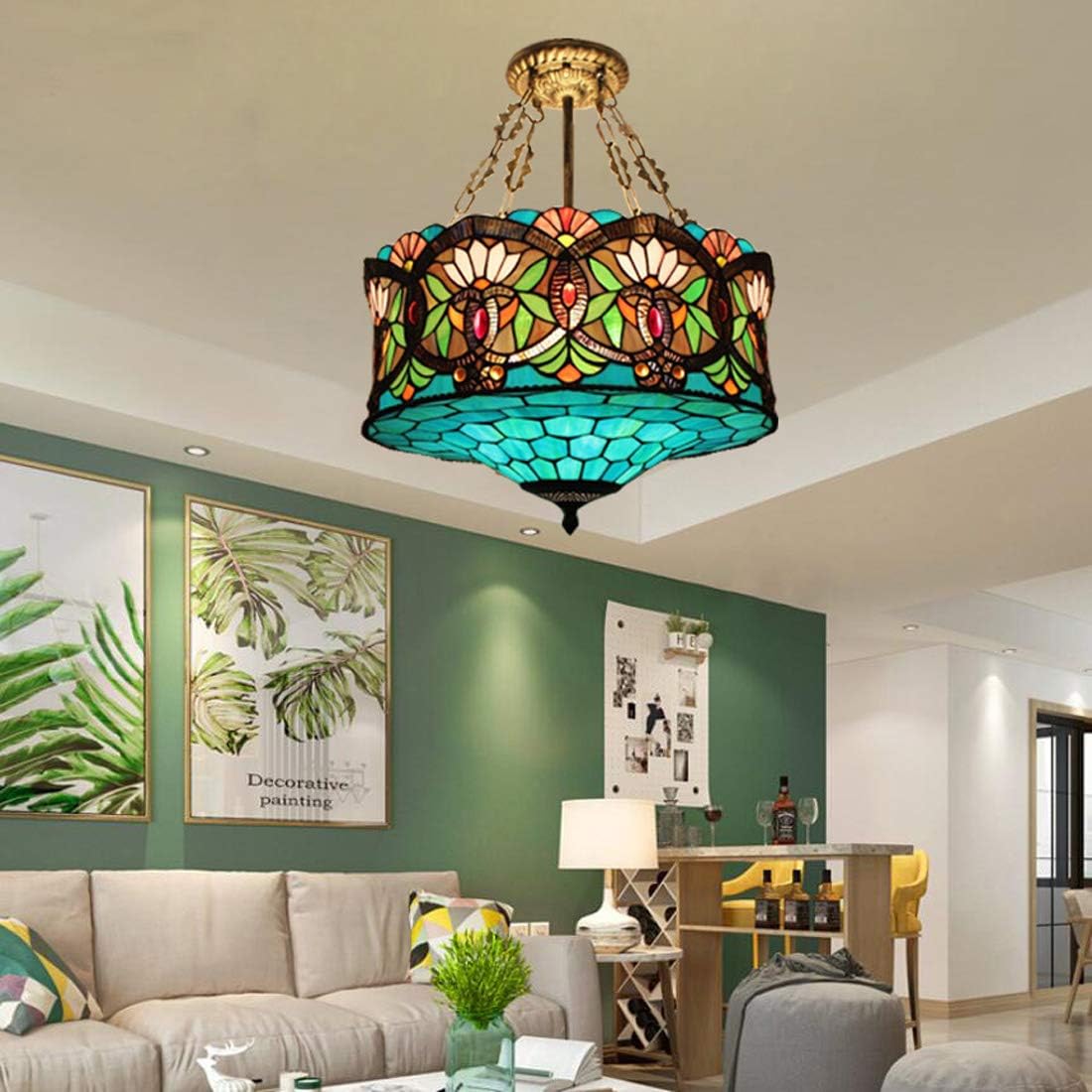 Tiffany-Style Multicolor Stained Glass 3-Light Chandelier for Living Room
