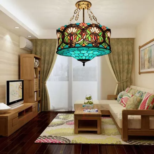 Tiffany-Style Multicolor Stained Glass 3-Light Chandelier for Living Room