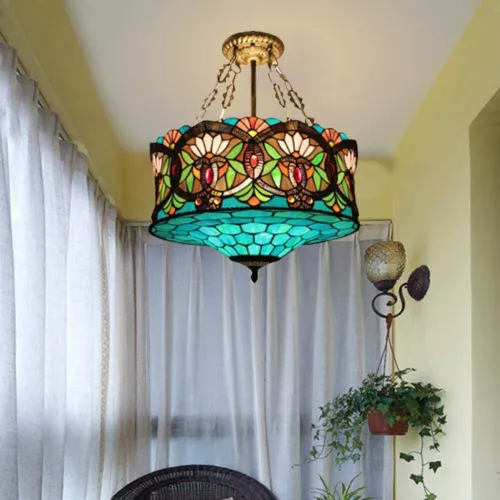Tiffany-Style Multicolor Stained Glass 3-Light Chandelier for Living Room