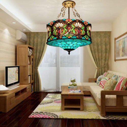 Tiffany-Style Multicolor Stained Glass 3-Light Chandelier for Living Room