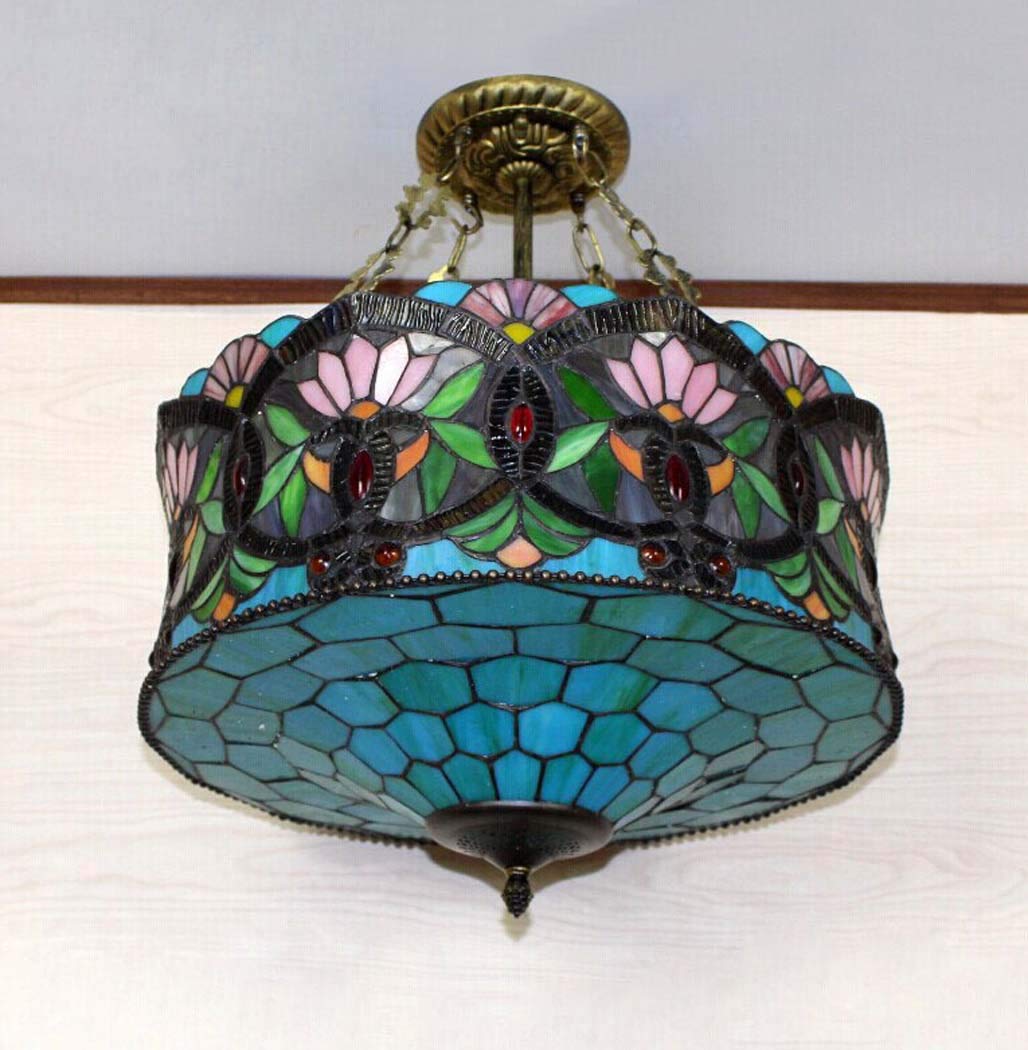 Tiffany-Style Multicolor Stained Glass 3-Light Chandelier for Living Room