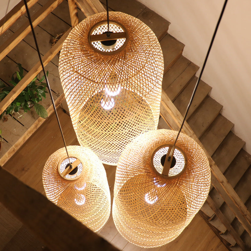 Natural Bamboo Weaving 2-Light Chandelier for Dining Room Decor