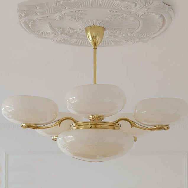 Elegant Brass Frame Opal Glass Round Chandelier for Living Room 3/5-Light