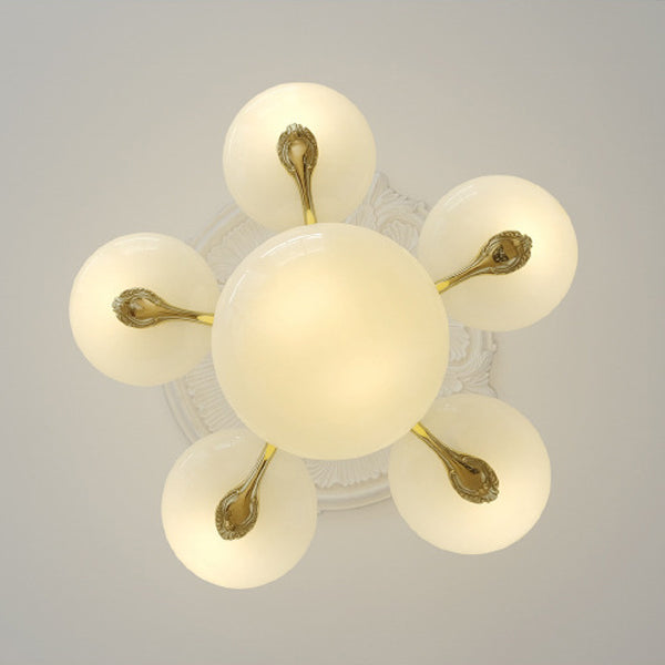 Elegant Brass Frame Opal Glass Round Chandelier for Living Room 3/5-Light