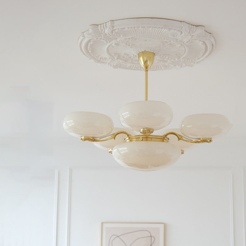 Elegant Brass Frame Opal Glass Round Chandelier for Living Room 3/5-Light