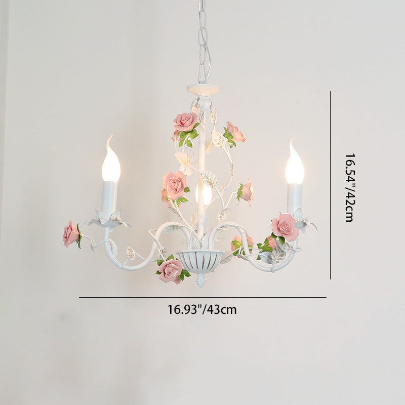 Vintage White Ceramic Floral Chandelier with Iron Frame for Living Room