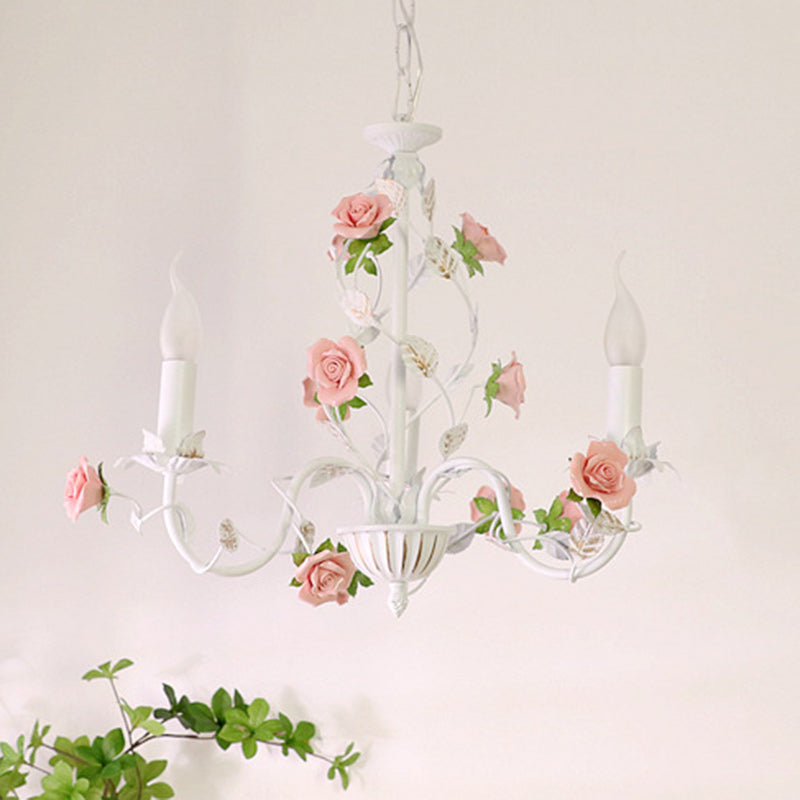 Vintage White Ceramic Floral Chandelier with Iron Frame for Living Room
