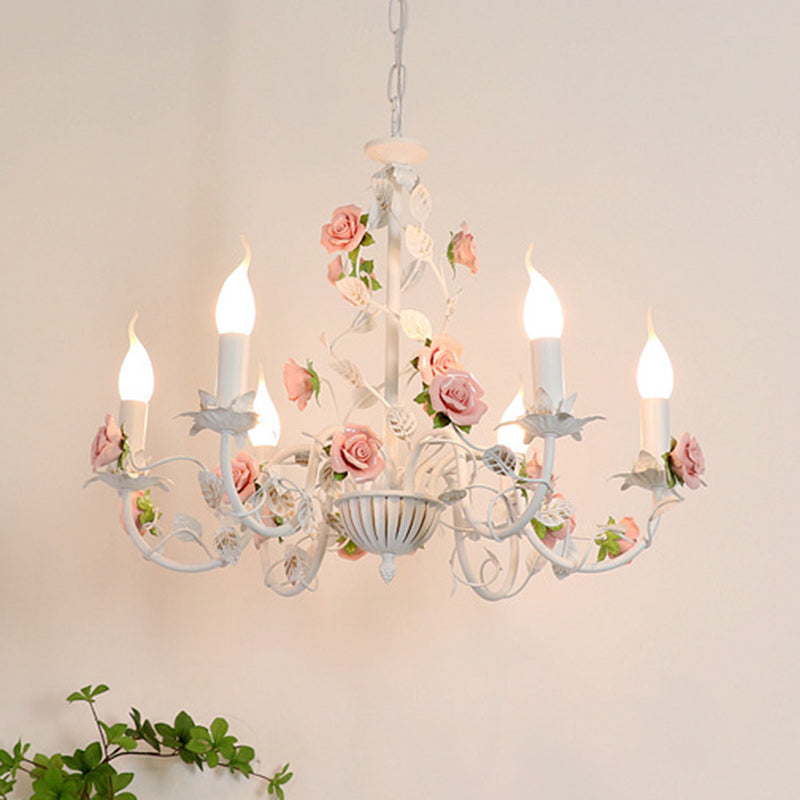 Vintage White Ceramic Floral Chandelier with Iron Frame for Living Room