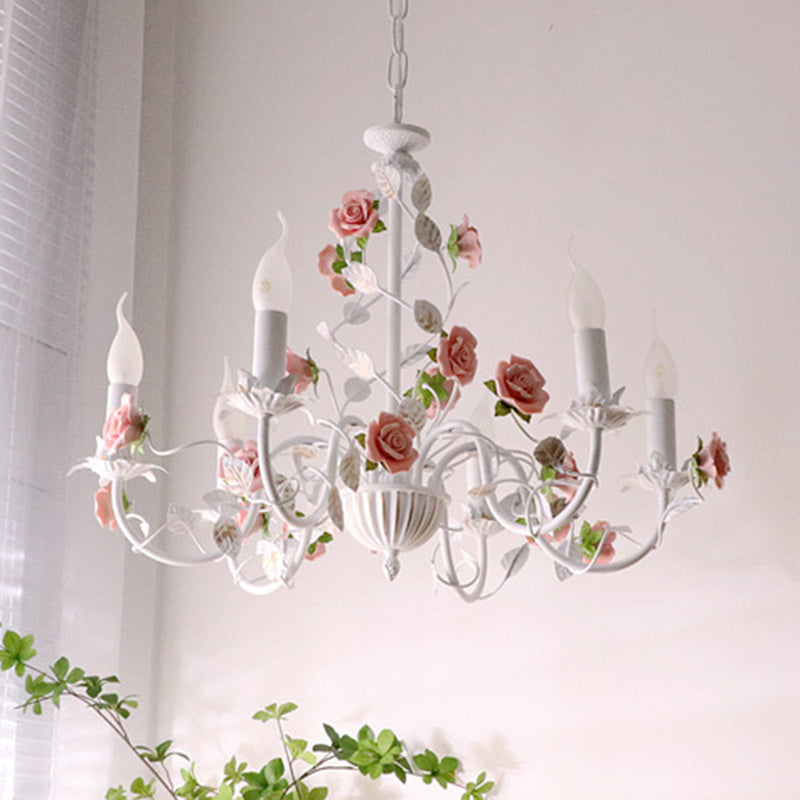 Vintage White Ceramic Floral Chandelier with Iron Frame for Living Room
