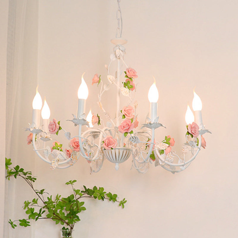 Vintage White Ceramic Floral Chandelier with Iron Frame for Living Room