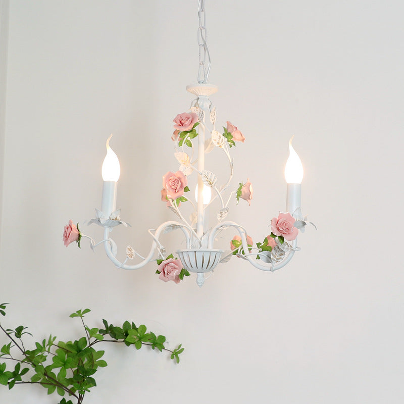 Vintage White Ceramic Floral Chandelier with Iron Frame for Living Room