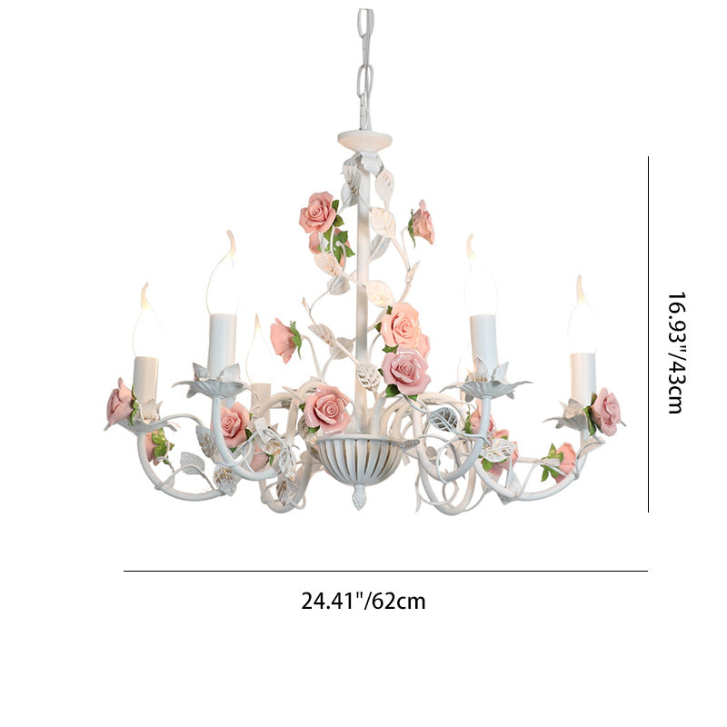 Vintage White Ceramic Floral Chandelier with Iron Frame for Living Room
