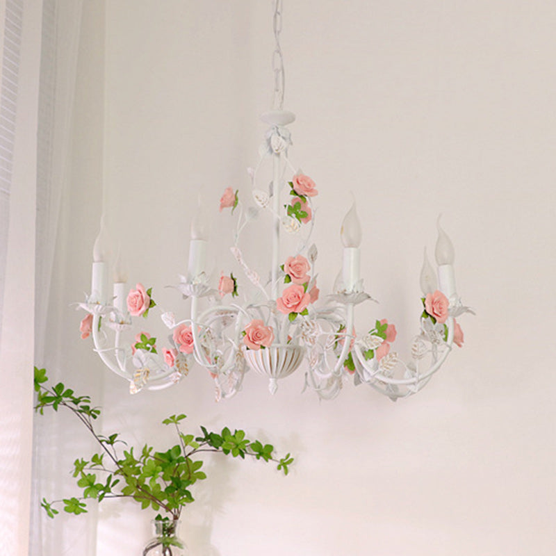 Vintage White Ceramic Floral Chandelier with Iron Frame for Living Room