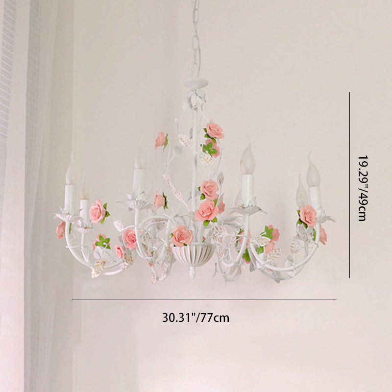 Vintage White Ceramic Floral Chandelier with Iron Frame for Living Room