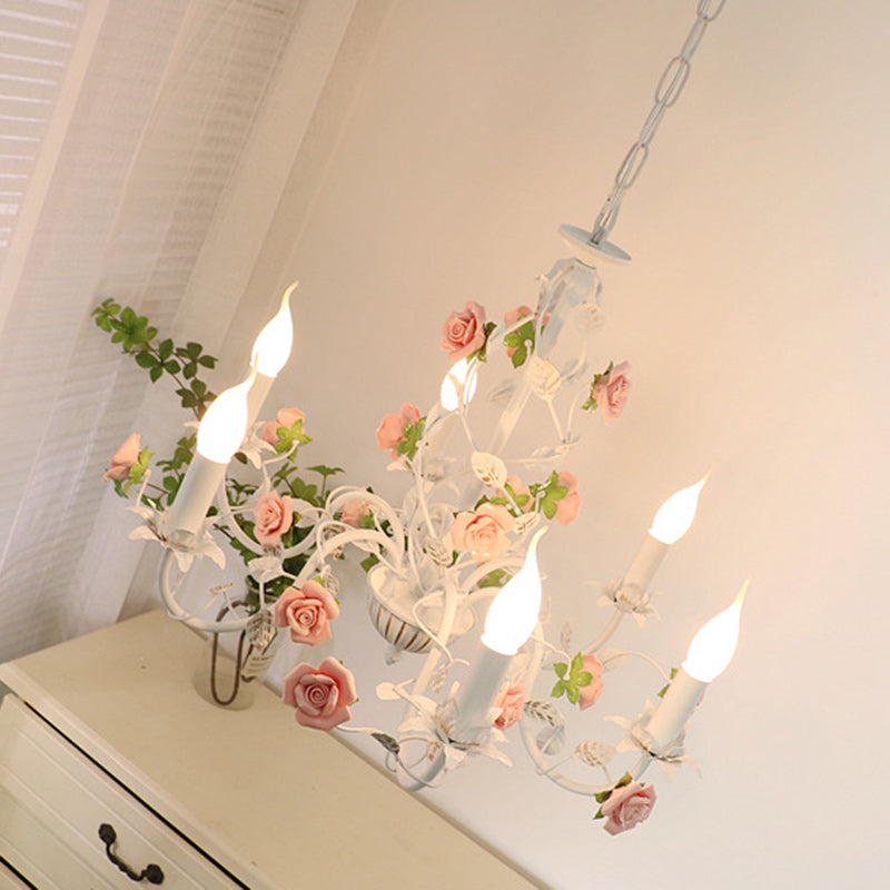 Vintage White Ceramic Floral Chandelier with Iron Frame for Living Room