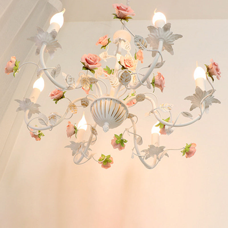 Vintage White Ceramic Floral Chandelier with Iron Frame for Living Room