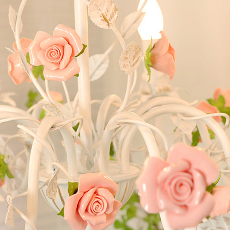 Vintage White Ceramic Floral Chandelier with Iron Frame for Living Room
