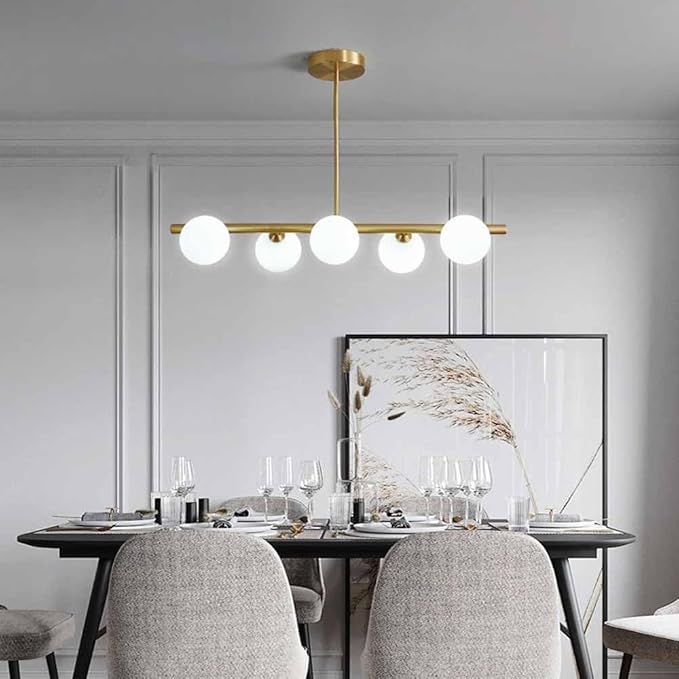 Mid-Century Modern Black Iron & Glass 5-Light Chandelier for Living Room
