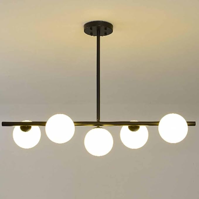 Mid-Century Modern Black Iron & Glass 5-Light Chandelier for Living Room