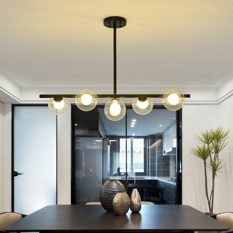 Mid-Century Modern Black Iron & Glass 5-Light Chandelier for Living Room