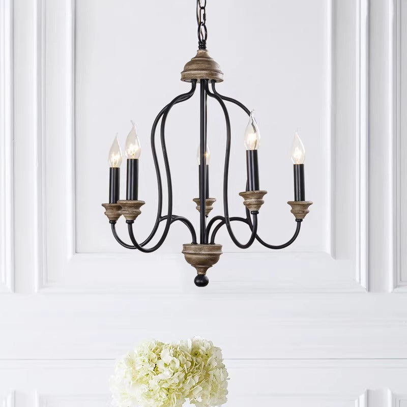 Rustic Iron 5-Light Solid Wood Candelabra Chandelier for Living Room