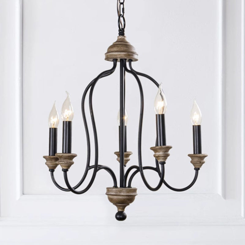 Rustic Iron 5-Light Solid Wood Candelabra Chandelier for Living Room