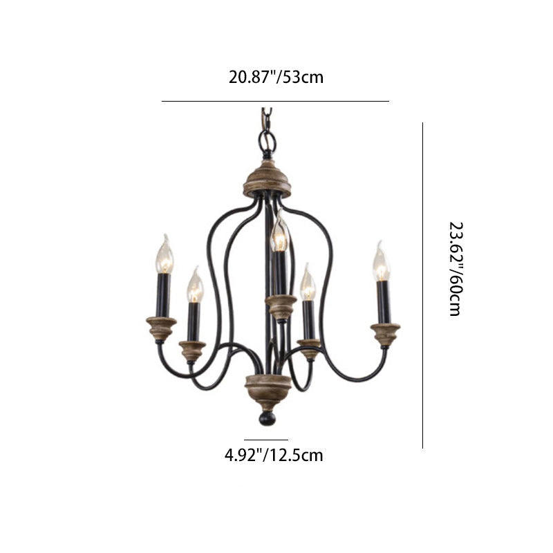 Rustic Iron 5-Light Solid Wood Candelabra Chandelier for Living Room