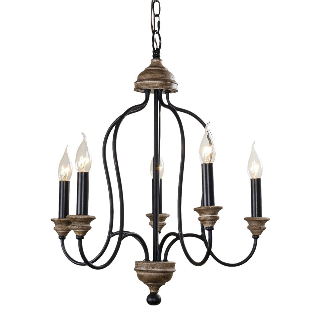 Rustic Iron 5-Light Solid Wood Candelabra Chandelier for Living Room