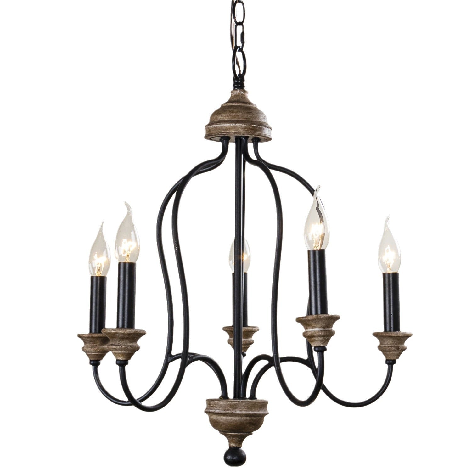 Rustic Iron 5-Light Solid Wood Candelabra Chandelier for Living Room
