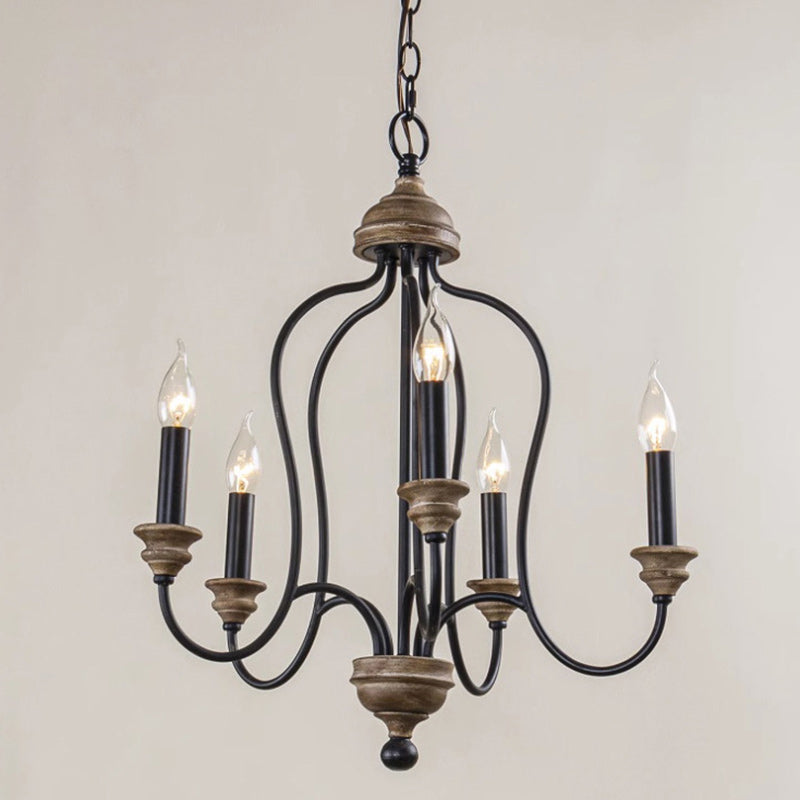 Rustic Iron 5-Light Solid Wood Candelabra Chandelier for Living Room