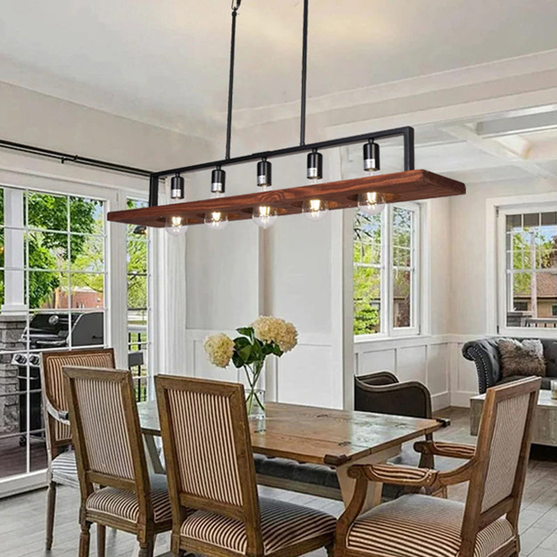 Rustic Farmhouse 5-Light Rectangular Wood and Iron Chandelier for Living Room
