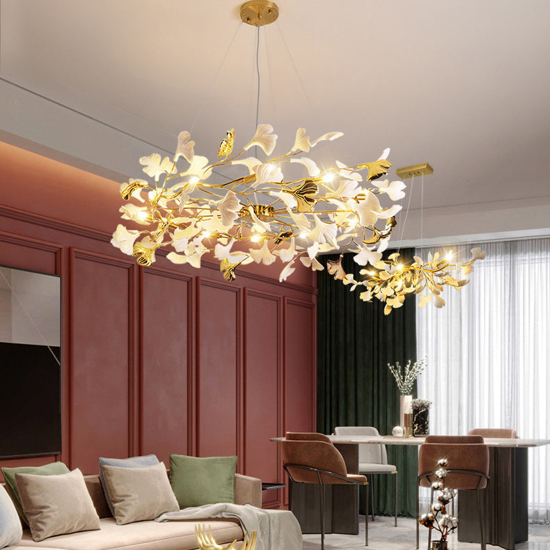 Elegant French Ginkgo Leaf Iron and Ceramic Chandelier for Bedroom