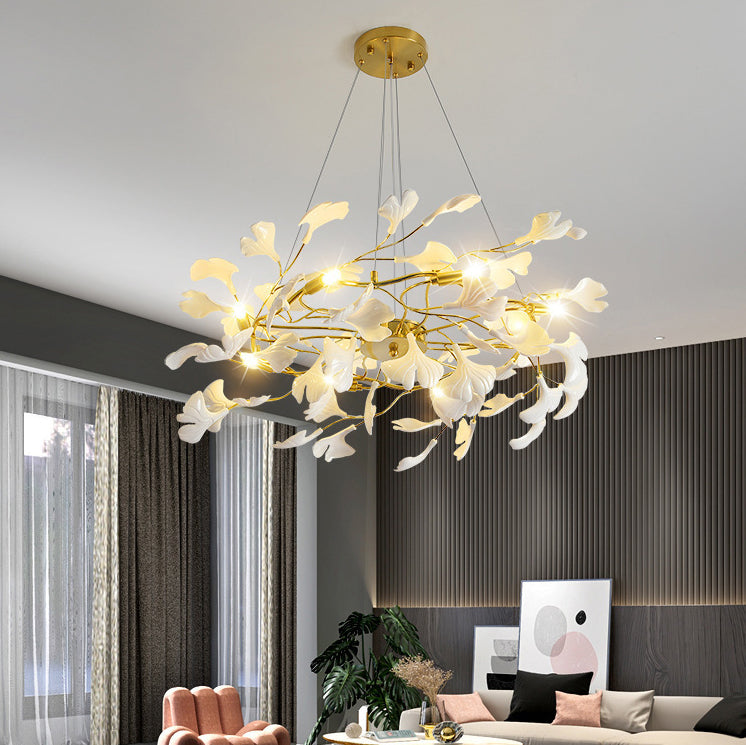 Elegant French Ginkgo Leaf Iron and Ceramic Chandelier for Bedroom