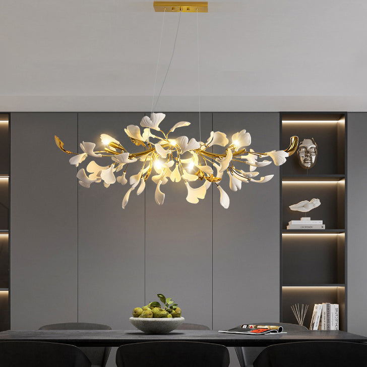 Elegant French Ginkgo Leaf Iron and Ceramic Chandelier for Bedroom