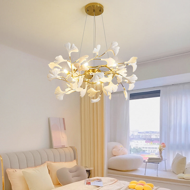 Elegant French Ginkgo Leaf Iron and Ceramic Chandelier for Bedroom