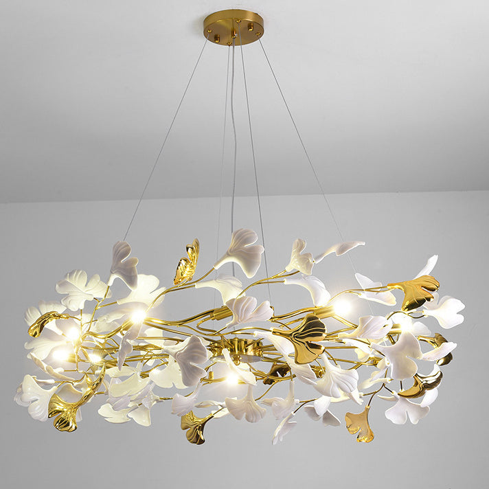 Elegant French Ginkgo Leaf Iron and Ceramic Chandelier for Bedroom