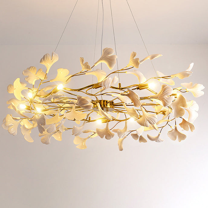 Elegant French Ginkgo Leaf Iron and Ceramic Chandelier for Bedroom