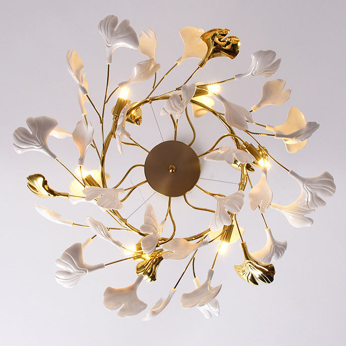 Elegant French Ginkgo Leaf Iron and Ceramic Chandelier for Bedroom