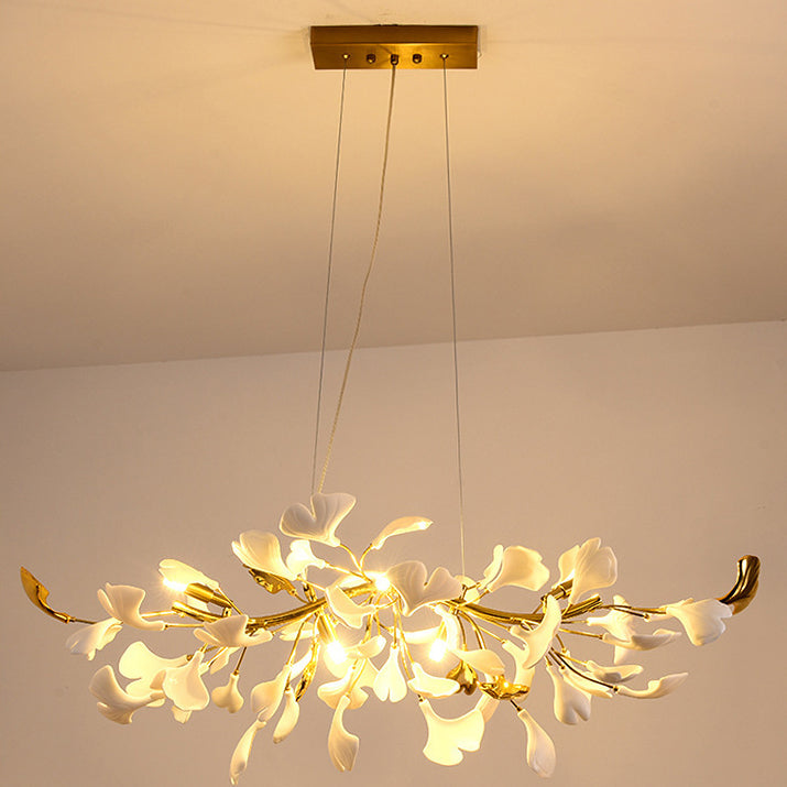 Elegant French Ginkgo Leaf Iron and Ceramic Chandelier for Bedroom