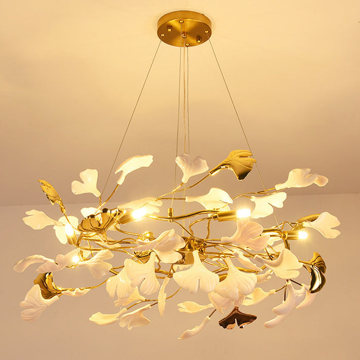 Elegant French Ginkgo Leaf Iron and Ceramic Chandelier for Bedroom