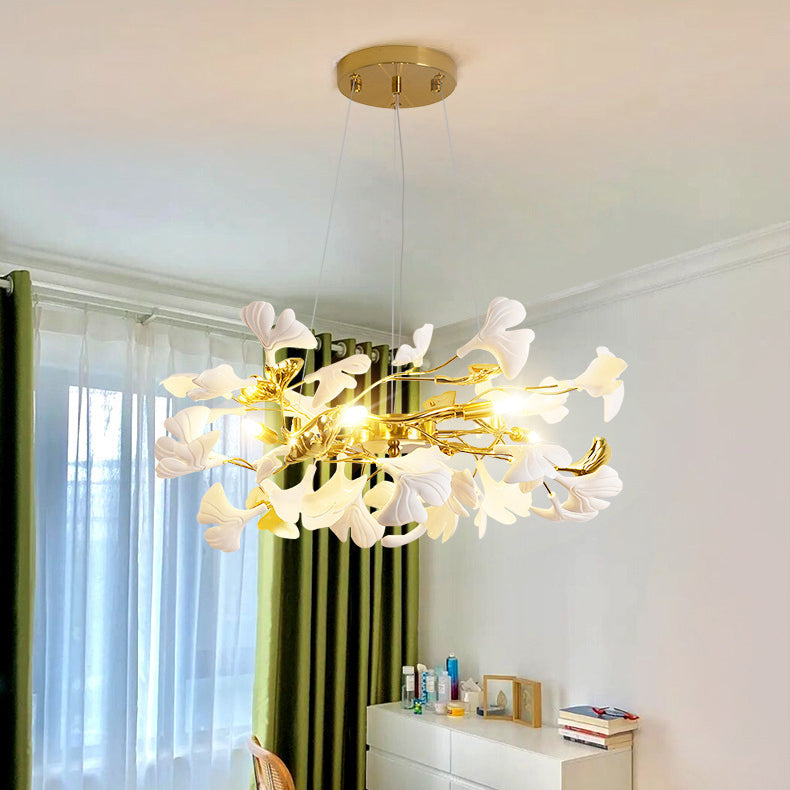 Elegant French Ginkgo Leaf Iron and Ceramic Chandelier for Bedroom